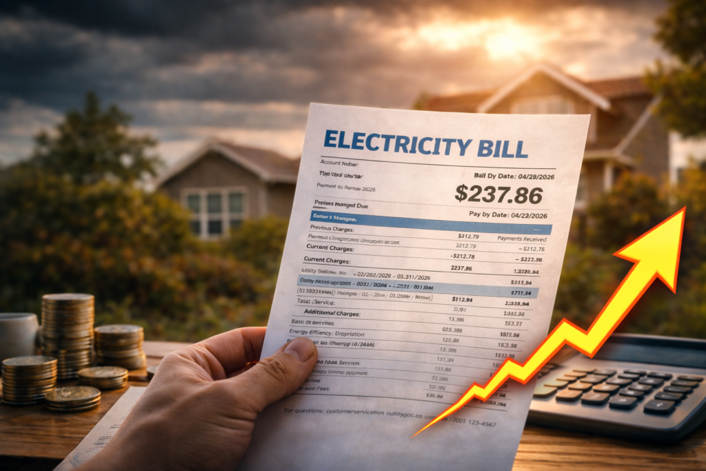 A U.S. household reviewing a higher electricity bill in 2026, illustrating a 10 percent jump in electricity bills and rising cost pressures.