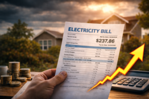 A U.S. household reviewing a higher electricity bill in 2026, illustrating a 10 percent jump in electricity bills and rising cost pressures.
