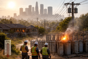 Extreme summer heat over a US city skyline, illustrating heat waves grid resilience and peak electricity demand pressure in 2026.