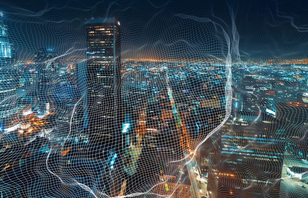 Large AI data center facility with high energy demand connected to power grid infrastructure