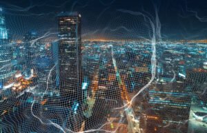 Large AI data center facility with high energy demand connected to power grid infrastructure